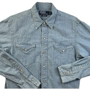 Vintage Polo Ralph Lauren Western Shirt Denim Chambray Pearl Snap Cowboy Men S